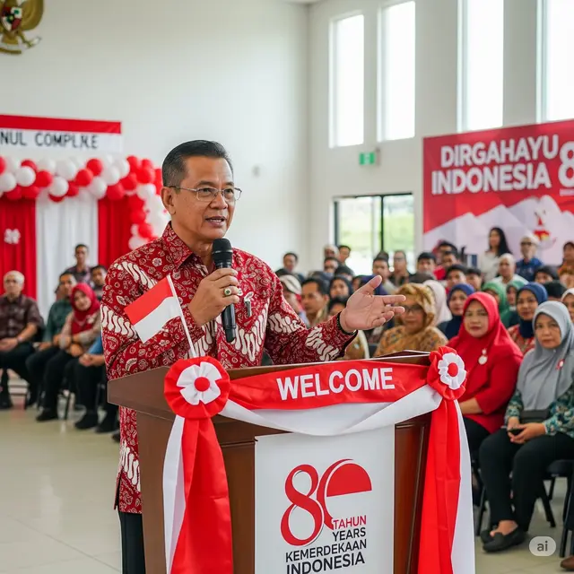 Foto ilustrasi ketua lingkungan perumahan yang sedang memberikan kata-kata sambutan di acara 17 Agustus. Foto; Gemini
