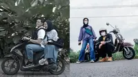 Pasangan seleb romantis boncengan naik motor. (Instagram/@tantrisyalindri/@melki.bajaj)