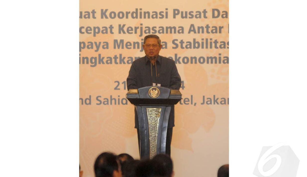 Presiden SBY memberikan sambutan saat membuka Rakornas TPID 2014 di Puri Agung, Hotel Grand Sahid Jaya, Jakarta. Rabu, (21/5/14) (Liputan6.com/Herman Zakharia)