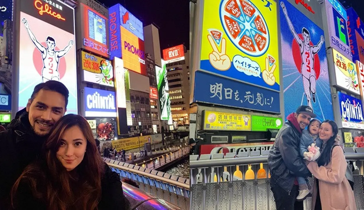 Pasangan selebriti ini juga mengunjungi tempat yang sama yaitu Dotonbori Street, Osaka. Pertama di tahun 2017 saat masih berdua. Kemudian awal tahun 2023 dengan membawa serta putri mereka. Asmirandah mengungkapkan, 6 tahun berlalu tempatnya tidak berubah, tapi anggota keluarganya yang bertambah. (Liputan6.com/IG/@asmirandah89)