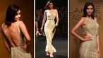 Foto kolase aktris Bollywood Diana Penty saat mengenakan kreasi desainer Pallavi Mohan pada hari pertama FDCI x Lakme Fashion Week di Mumbai pada 12 Oktober 2022. (AFP/Punit Paranjpe)