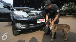 Anjing pelacak mengecek mesin mobil yang akan digunakan dalam WIEF ke-12 di Jakarta, Senin (1/8). WIEF ke-12 akan mempertemukan pemimpin negara, pemimpin industri, akademisi, ahli, profesional, serta pemimpin perusahaan. (Liputan6.com/Immanuel Antonius)