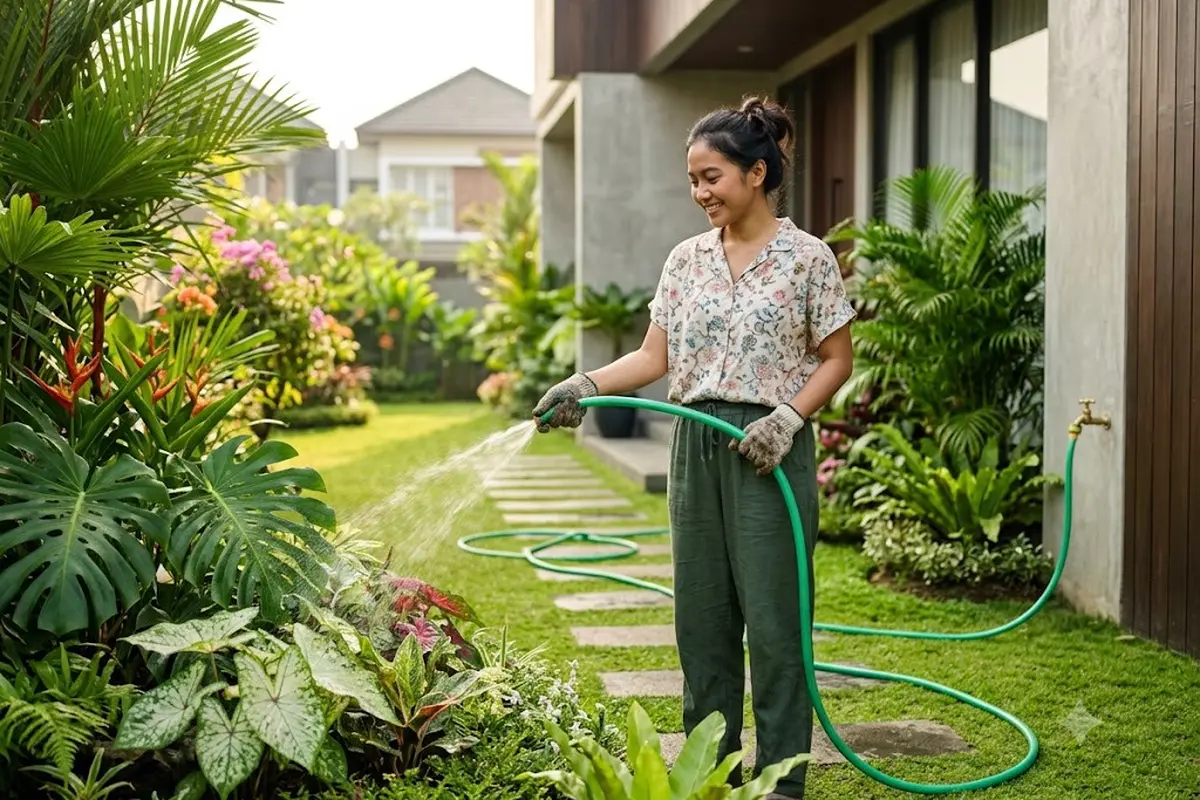 Tempat penyimpanan selang air agar halaman tetap rapi