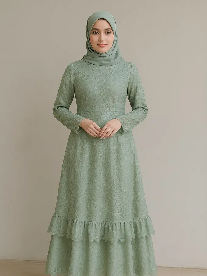 Gamis Brokat Kaftan Modern dengan Potongan Asimetris