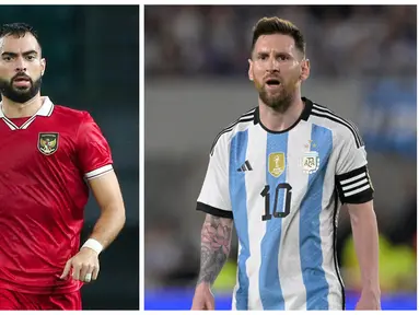 Foto kolase pemain timnas Indonesia, Jordi Amat (kiri), dalam pertandingan uji coba FIFA Matchday melawan timnas Burundi yang berlangsung di stadion Patriot Candrabhaga, Bekasi, Sabtu (25/3/2023). Dan ekspresi pemain Timnas Argentina, Lionel Messi dalam pertandingan uji coba FIFA Matchday melawan timnas Panama yang berlangsung di stadion Monumental, Sabtu (25/3/2023). (Bola.com/Bagaskara Lazuardi, AFP/Juan Mabromata)