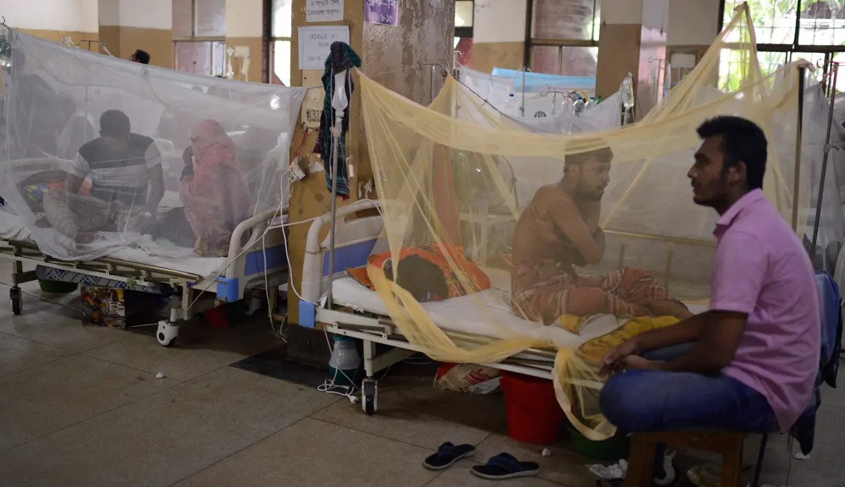 Sejumlah pasien menjalani perawatan karena menderita demam berdarah di Rumah Sakit Shishu Dhaka, Bangladesh, Rabu (31/7/2019). Infeksi virus yang ditularkan melalui gigitan nyamuk Aedes aegypti telah menyebar di 61 dari 64 distrik di negara itu. (AP Photo/Mahmud Hossain Opu)