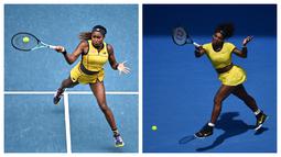 Petenis Amerika Serikat, Coco Gauff (kiri) dan Serena Williams berusaha mengembalikan bola ke arah lawannya di turnamen Australia Open. (Foto Kolase: AFP/Anthony Wallace dan AFP/Peter Parks)