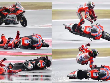Detik-detik pebalap Ducati, Jorge Lorenzo, terjatuh pada balapan MotoGP San Marino di Sirkuit Misano, Minggu (11/9/2017). Pebalap asal Spanyol itu hanya mampu melahap tujuh lap sebelum terjatuh di tikungan keenam. (Foto-foto Kolase AFP dan AP)