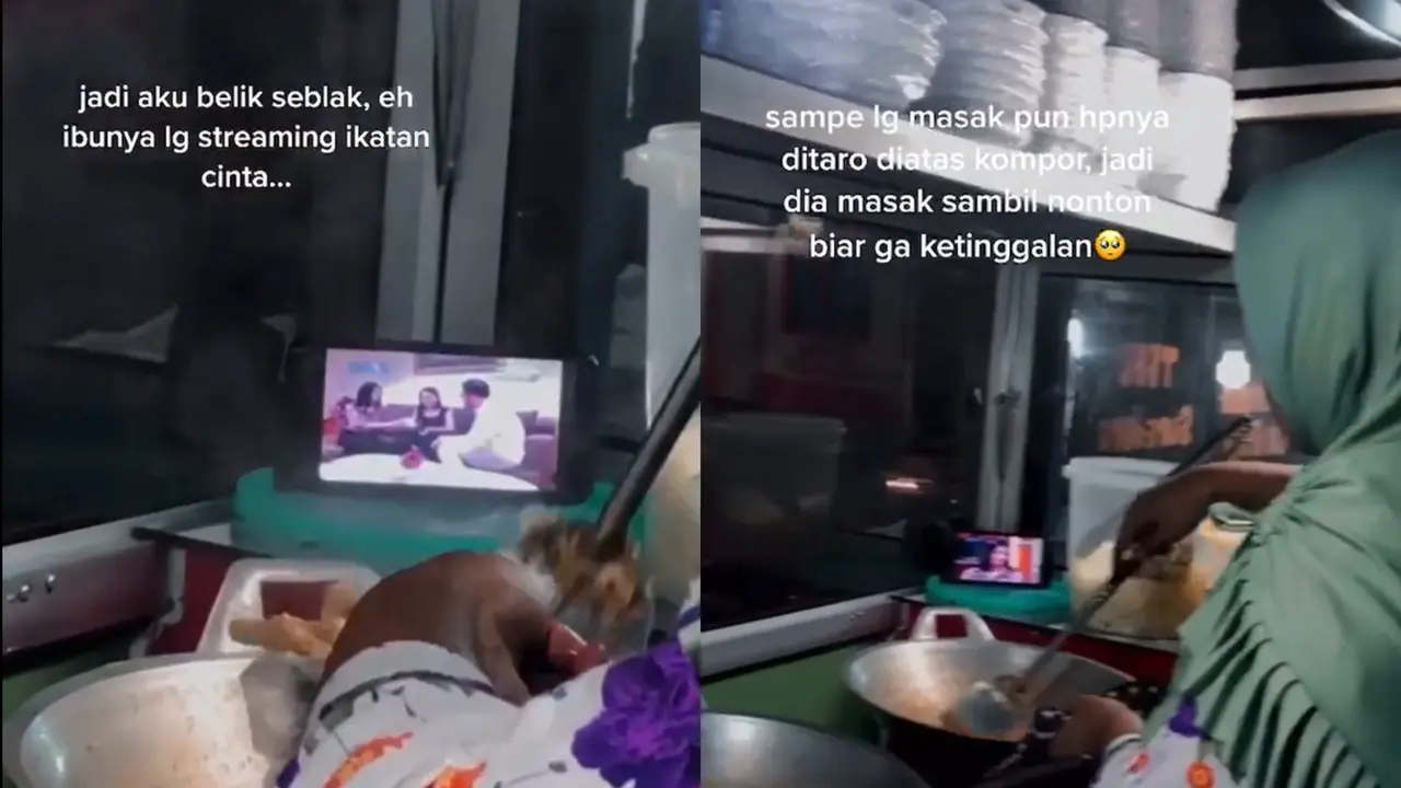 Seorang ibu streaming sinetron pakai ponsel di dekat kompor.