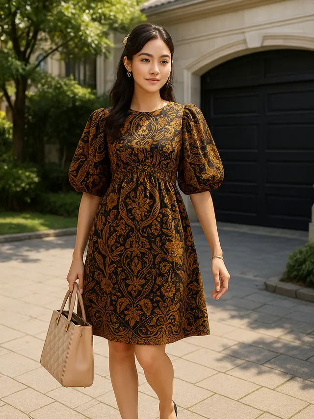 Tunik Batik Lengan Balon Kerut