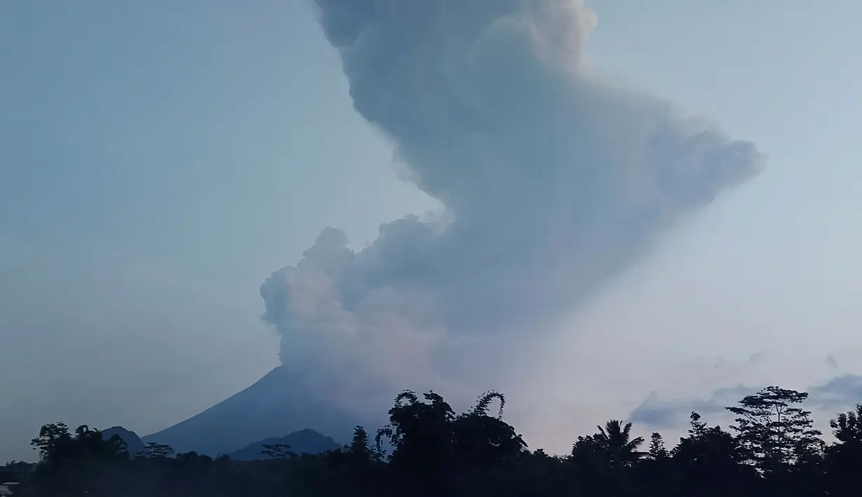 Gunung Merapi menyemburkan material vulkanik ke udara saat erupsi di Sleman, DI Yogyakarta, Selasa (3/3/2020). Gunung Merapi meletus pada pukul 05.22 WIB dengan tinggi kolom 6.000 meter , status waspada (level II). (AP Photo/Slamet Riyadi)