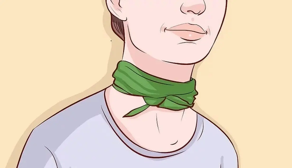 Syal yang berfungsi seperti choker. Bentuk syal menjadi segitiga dengan membaginya menjadi dua, lalu gulung hingga menjadi satu garis lurus, Lilitkan syal ke leher, bawa ujungnya ke depan leher. Ikat ujung syal secara longgar dan sesuaikan agar terlihat seperti kalung. Foto: Wikihow.