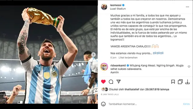 Lionel Messi Curhat Usai Argentina Jadi Juara Piala Dunia 2022, Ridwan Kamil Komentar Pakai Bahasa Sunda
