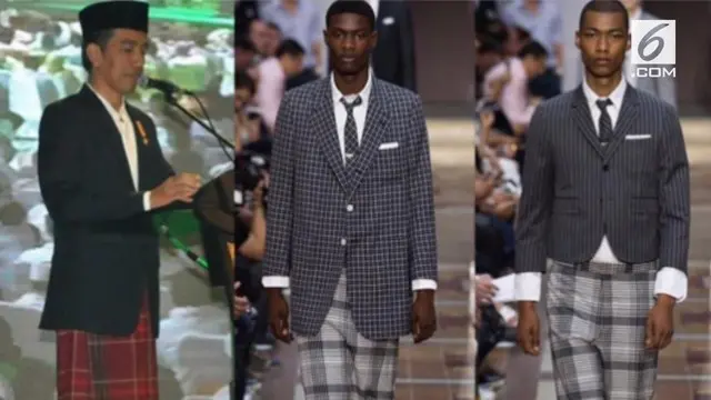Seorang desainer bernama Thom Browne baru menggelar fashion show. Uniknya, beberapa rancangannya mirip kain sarung yang digunakan Jokowi.