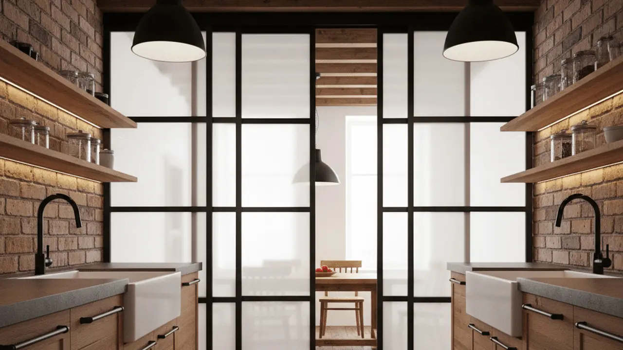 Desain Dapur Rumah Type 36 Ukuran 2x2 Meter dengan Partisi Kaca Geser ke Ruang Makan