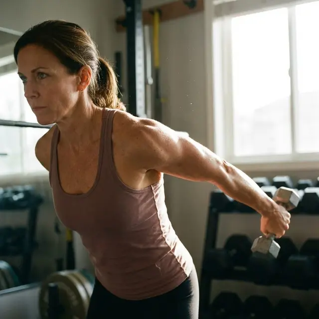 Ilustrasi Triceps Kickbacks dengan Dumbbell Ringan untuk Usia 40 Tahun