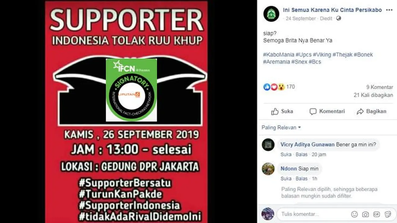 [Cek Fakta] Gambar Tangkapan Layar Kabar Supporter Bola Demonstrasi