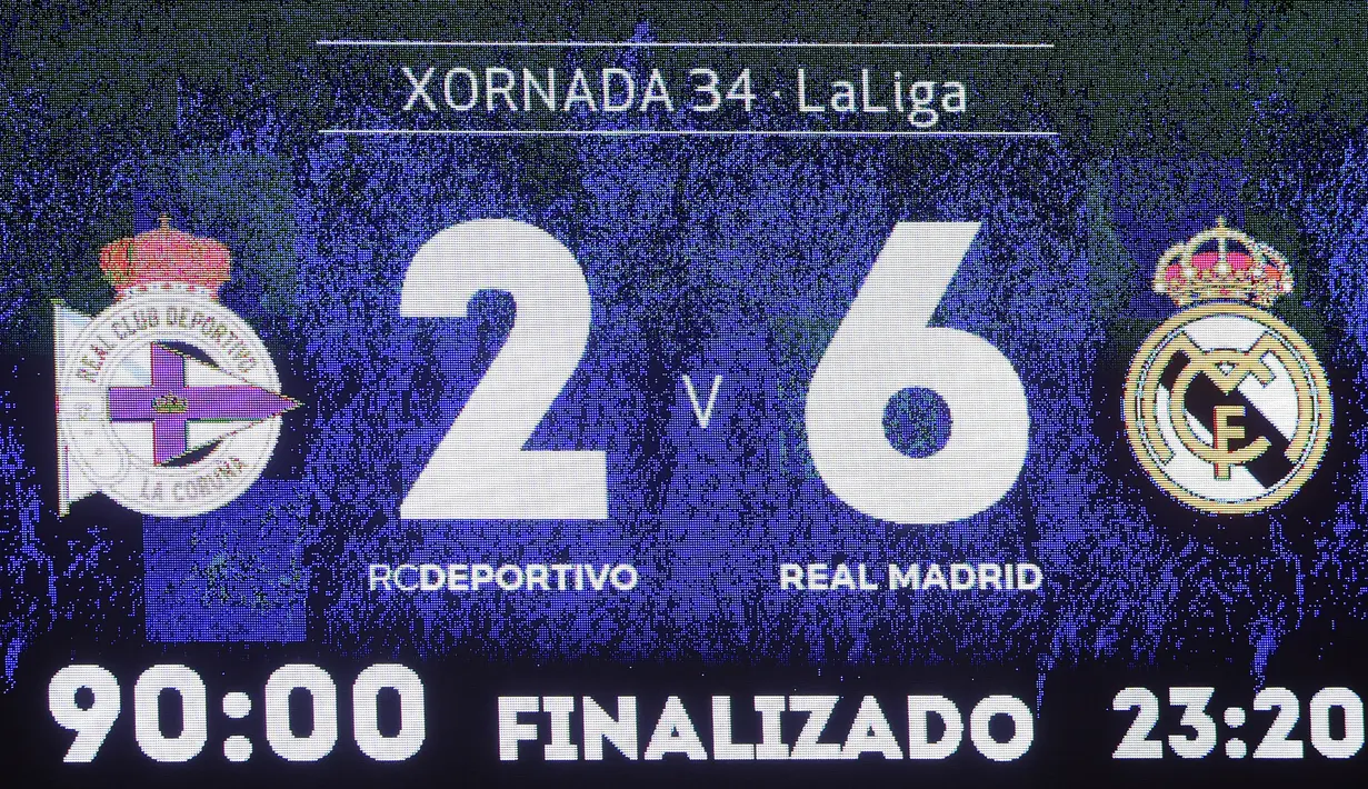 Papan skor saat Real Madrid melawan Deportivo pada laga La Liga di Stadion Riazor, La Coruna, Rabu (26/4/2017). Deprtivo kalah 2-6 dari Madrid. (AFP/Miguel Riopa)
