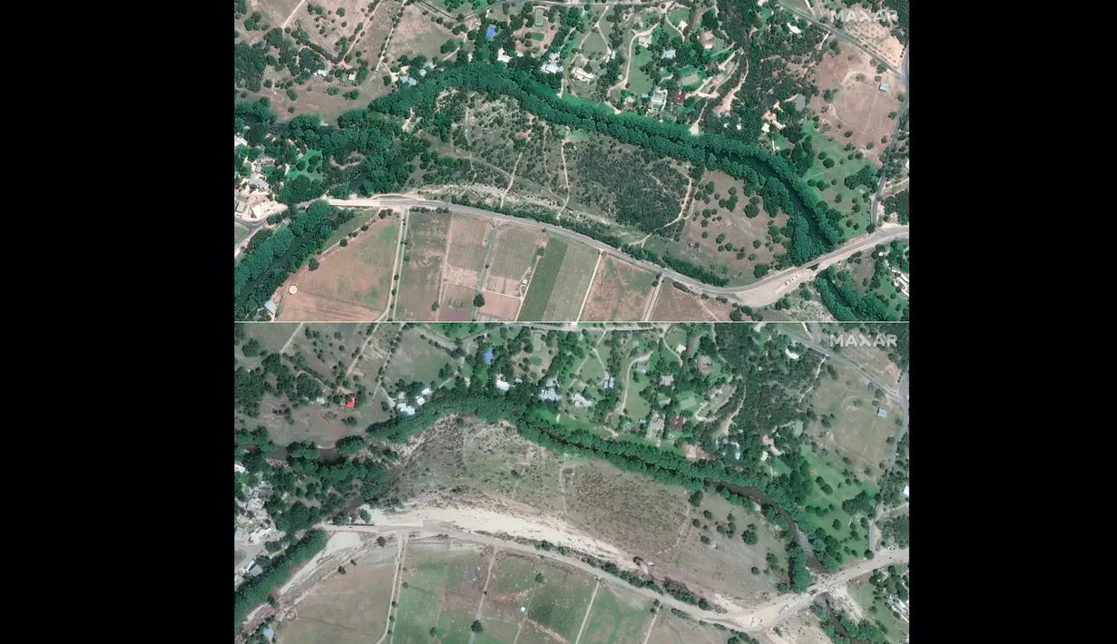 Kombinasi gambar yang dibuat pada 08 Juli 2025 ini menunjukkan (atas) gambar selebaran milik Maxar Technologies menunjukkan vegetasi sebelum banjir bandang di sepanjang Sungai Guadalupe di Hunt, Texas pada 23 Juni 2023, (bawah) gambar selebaran ini milik Maxar Technologies menunjukkan vegetasi yang tersapu banjir bandang di sepanjang Sungai Guadalupe di Hunt, Texas pada 8 Juli 2025. (Foto oleh Citra satelit ©2025 Maxar Technologies/AFP)