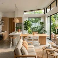 Konsep Open Space yang Menyatukan Ruang Keluarga dan Dapur/ Desain Rumah Sederhana Tropical Scandinavian Terbaru 2026 (Sumber: gemini.com)