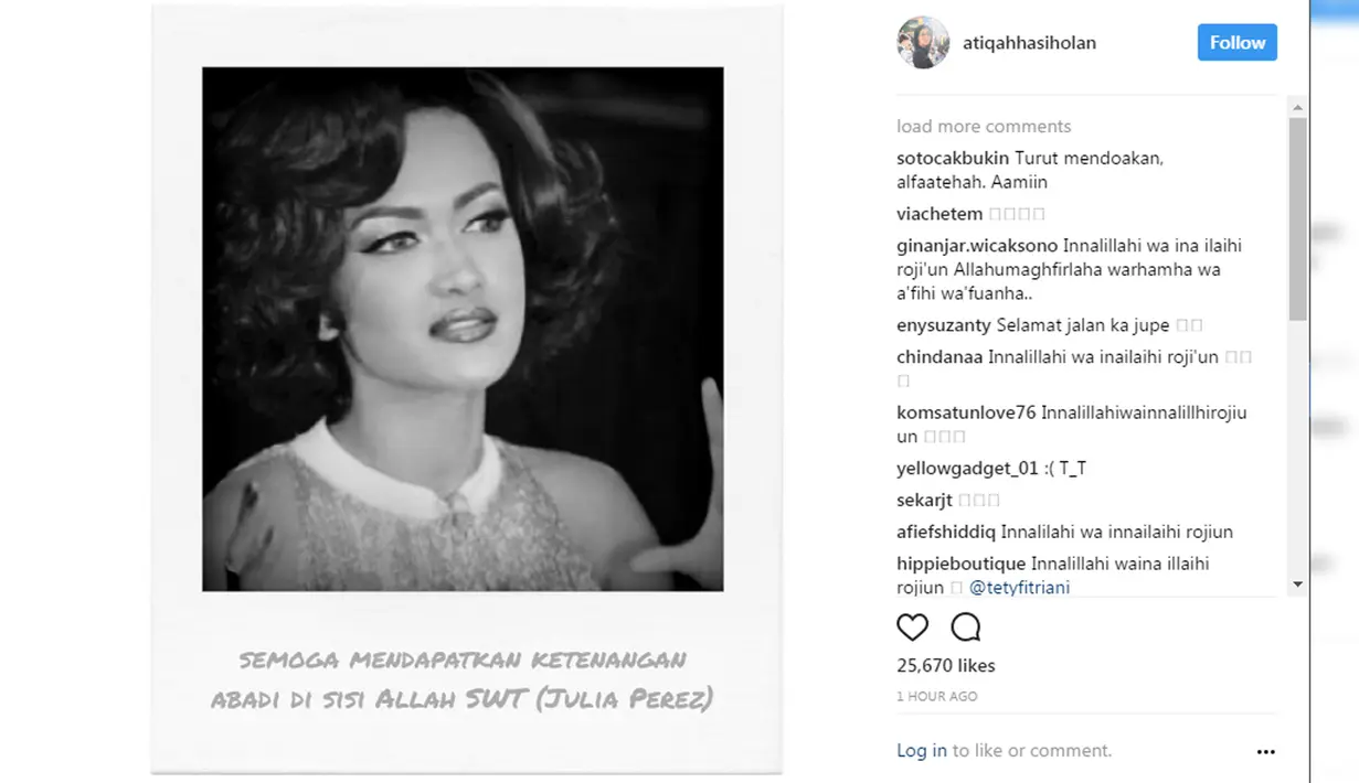 Artis Atiqah Hasiholan menggugah foto Julia Perez di Instagramnya. (Instagram/atiqahhasiholan)