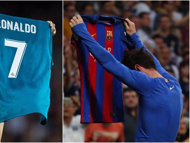Bintang Real Madrid, Cristiano Ronaldo, menyindir bintang Barcelona, Lionel Messi, dengan meniru gaya selebrasi sang rival usai mencetak gol pada leg pertama Piala Super Spanyol 2017 di Camp Nou, Minggu (13/8/2017). (Kolase foto-foto dari AFP)