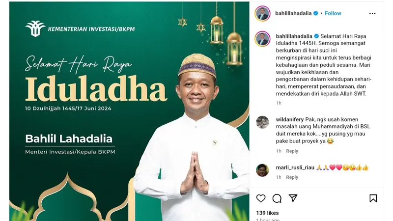 Menteri Investasi/Kepala BKPM Bahlil Lahadalia turut memanjatkan doa disela-sela peringatan Hari Raya Idul Adha 1445 Hijriyah.