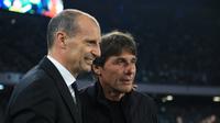 Massimiliano Allegri (kiri) dan Antonio Conte pada laga Juventus kontra AC Milan di ajang Liga Italia 2025/2026. (CARLO HERMANN / AFP)