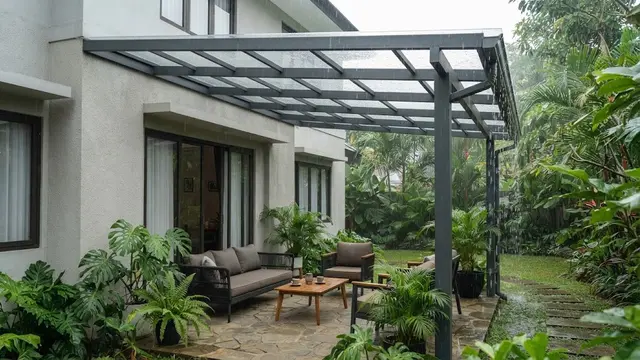 Desain Penutup Teras Transparan yang Melindungi dari Hujan Tanpa Menghalangi Cahaya