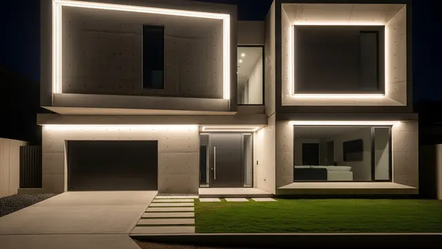 Fasad Futuristik Kombinasi Beton Ekspos dan LED Linear (Ilustrasi Foto: AI)