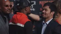 Video Manny Pacquiao vs Mayweather Jr,  saat keduanya menghadiri konferensi pers di Las Vegas.