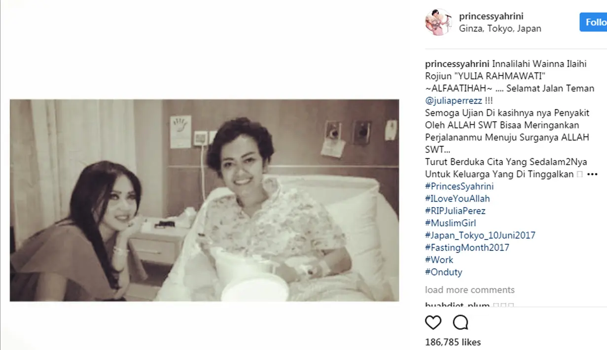 Penyanyi Syahrini saat bersama dengan Julia Perez. Syahrini juga mengunggah status dengan memberikan ucapan duka untuk Julia Perez. (Instagram/princessyahrini)