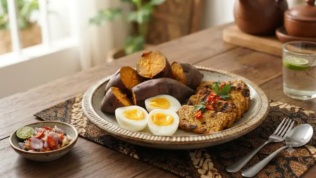 Ubi Kukus dengan Telur Rebus dan Tempe