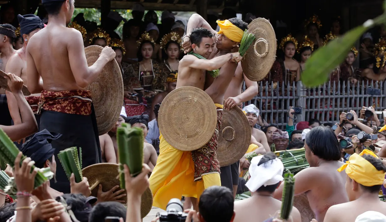 Dua orang laki-laki saling pukul dengan daun pandan yang berduri saat mengikuti Perang Pandan di Bali (8/6). Perang Pandan juga disebut dengan istilah Makere-kere. (AP/Firdia Lisnawati)
