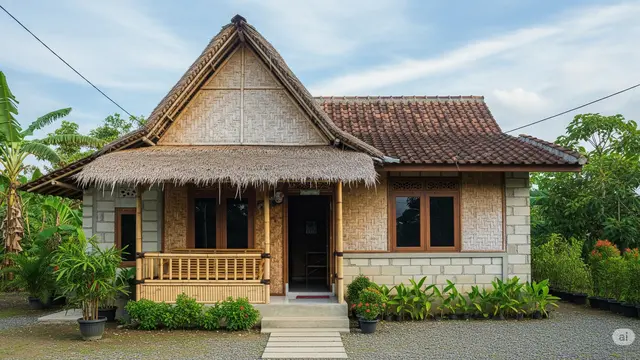 Model Rumah Sederhana dari Bambu dan Batako Dengan Kombinasi Atap Jerami dan Genteng/Ilustrasi AI