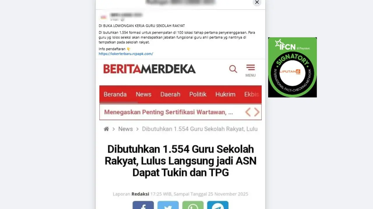 Tangkapan layar klaim link pendaftaran lowongan kerja guru Sekolah Rakyat yang beredar di media sosial.