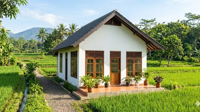 Desain Rumah Desa Atap Tinggi Agar Udara Terasa Lebih Dingin. AI