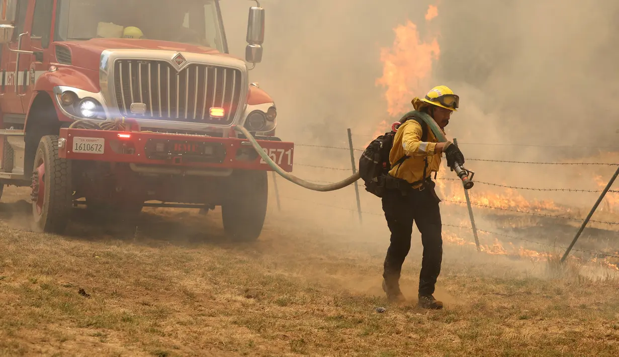 Seorang petugas pemadam kebakaran menarik selang untuk memadamkan api dekat Mariposa, California (23/7/2022). Api Oak yang bergerak cepat membakar di luar Taman Nasional Yosemite telah memaksa evakuasi, menghanguskan lebih dari 11.500 hektar dan telah menghancurkan beberapa rumah sejak mulai Jumat sore. (Justin Sullivan/Getty Images/AFP)