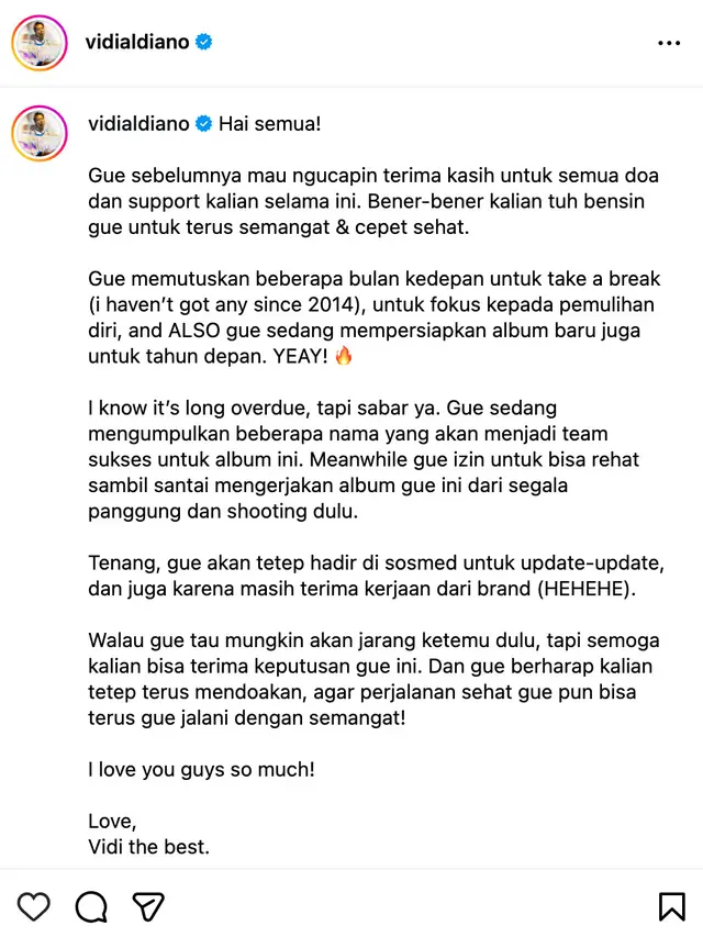 Unggahan Vidi Aldiano. (Foto: Dok. Instagram @vidialdiano)