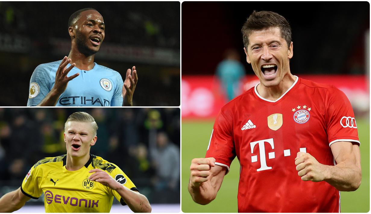 Penyerang Bayern Munchen, Robert Lewandowski, terus memuncaki daftar top skor sementara Liga Champions 2019/2020 usai menyumbangkan satu gol saat Bayern Munchen membatai Barcelona 8-2 di laga perempat final. Berikut top skor sementara Liga Champions musim ini. (kolase foto AFP)