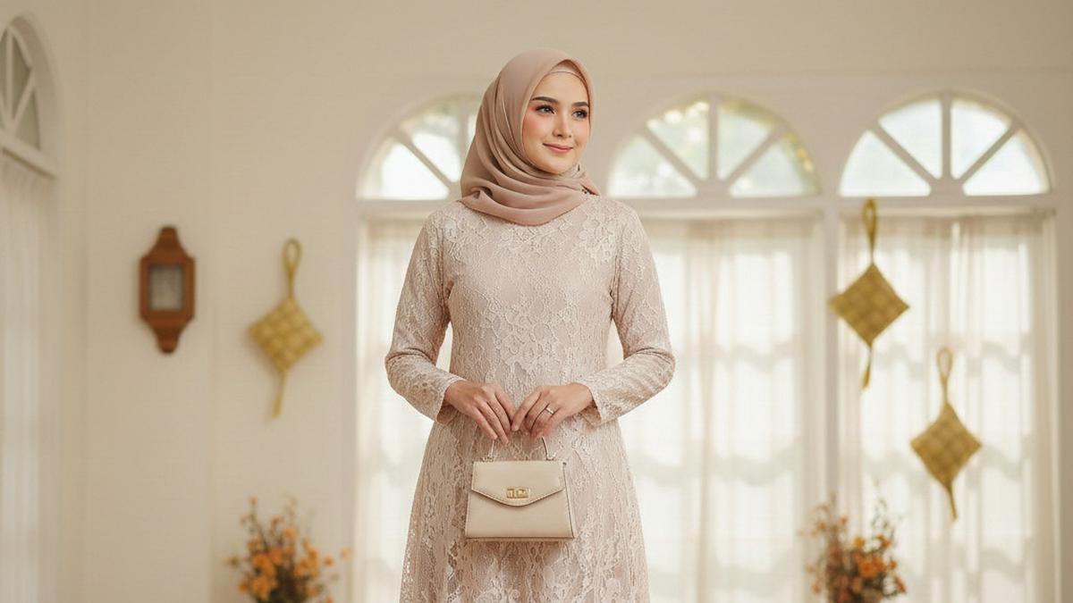 7 Gamis Brokat 2 Layer Warna Netral untuk Lebaran 2026, Cocok untuk Ibu-ibu