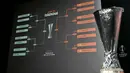 Foto menunjukkan Piala Liga Europa terpajang di samping layar yang menampilkan hasil undian babak 16 besar, perempat final, dan semifinal Liga Europa UEFA 2025/2026 di House of European Football, Nyon, Swiss, Jumat (27/2/2026). Proses drawing babak 16 besar Liga Europa musim 2025/2026 resmi dilaksanakan. (Harold CUNNINGHAM/AFP)