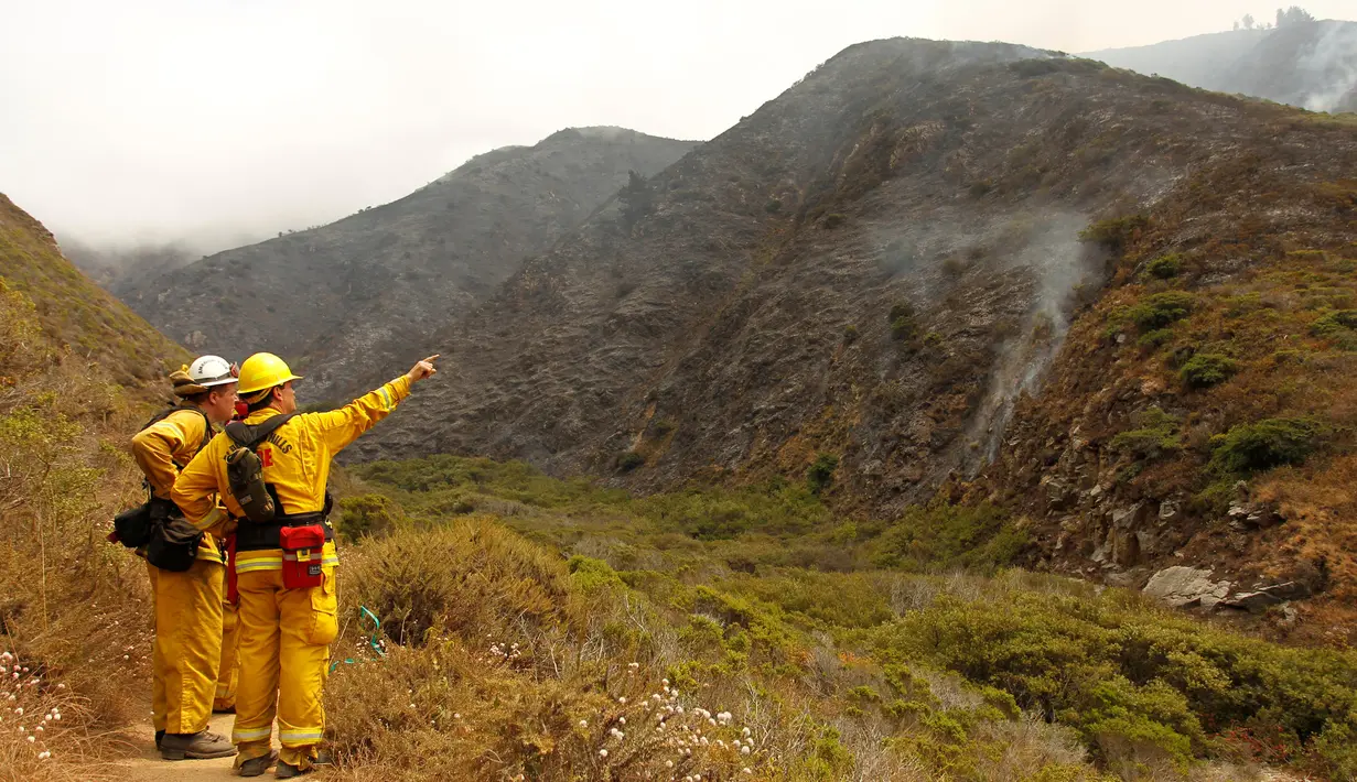 Petugas pemadam kebakaran berjaga-jaga di tebing dekat hutan yang hangus terbakar akibat kebakaran di Garrapata State Park, Big Sur, California, AS, (31/7). Setidaknya 300 telah dievakuasi akibat musibah tersebut. (REUTERS/Michael Fiala)