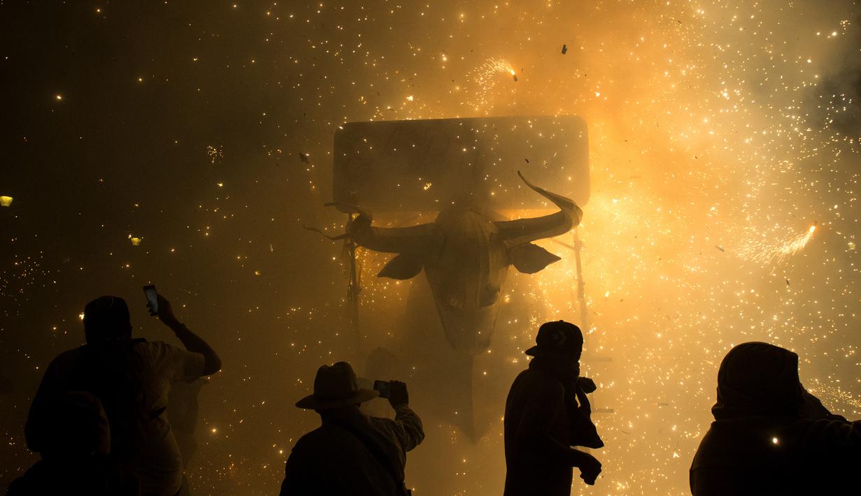 Torito atau patung banteng yang terbuat dari kertas, kayu dan kembang api dibakar saat perayaan San Juan de Dios di Tultepec, Meksiko (8/3). (AFP Photo/Ronaldo Skemidt)