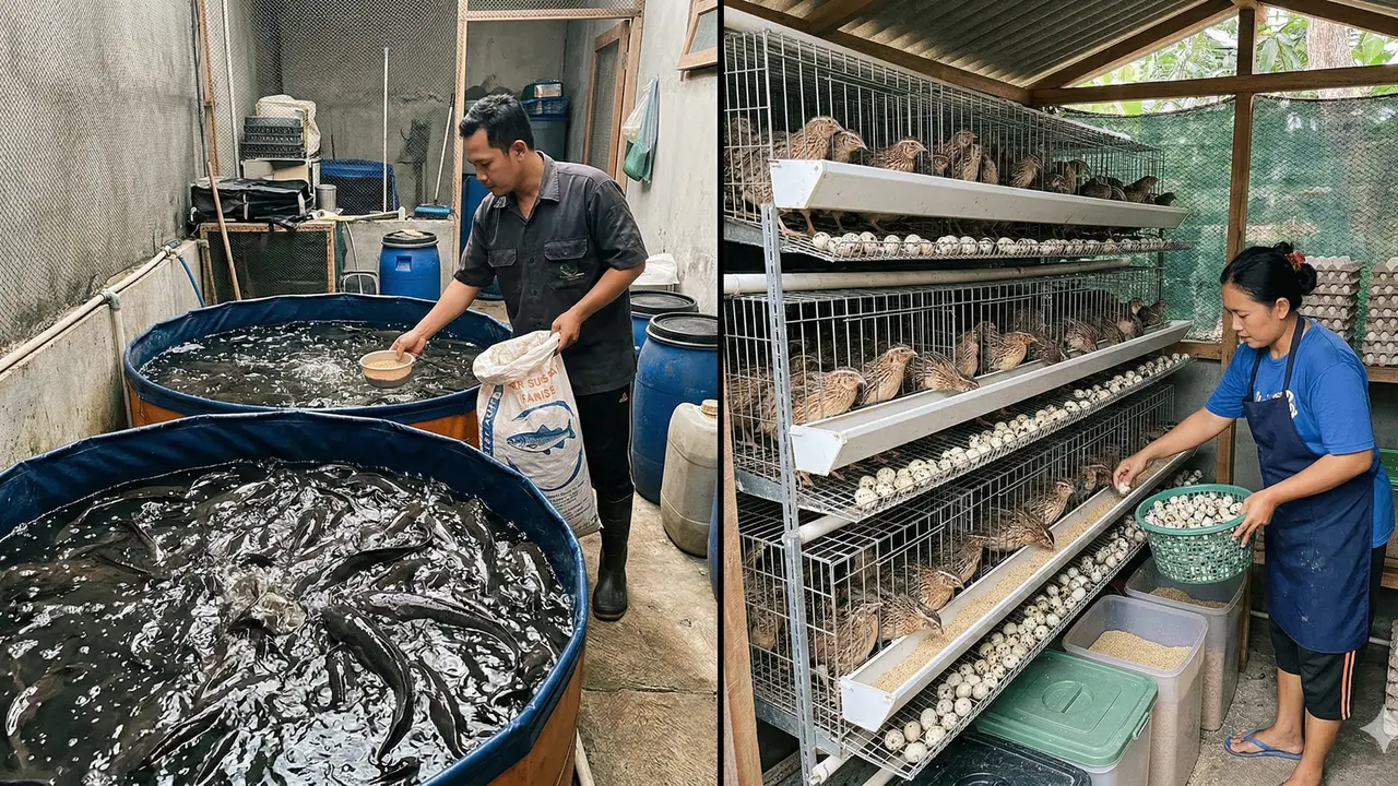 Perbandingan Ternak Lele vs Puyuh di Lahan Sempit (Foto: Gemini AI)