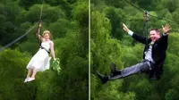 Pasangan petualang mengucap janji pernikahan di tengah rerimbunan pohon dengan meluncur dari atas ketinggian 36 meter.