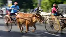 Sejumlah peserta ikut ambil bagian dalam perlombaan balap gerobak sapi di Kolombo, Sri Lanka, Sabtu (20/4). Festival tradisional ini digelar untuk merayakan Tahun Baru umat Hindu, Sinhala dan Tamil di Sri Lanka. (LAKRUWAN WANNIARACHCHI/AFP)