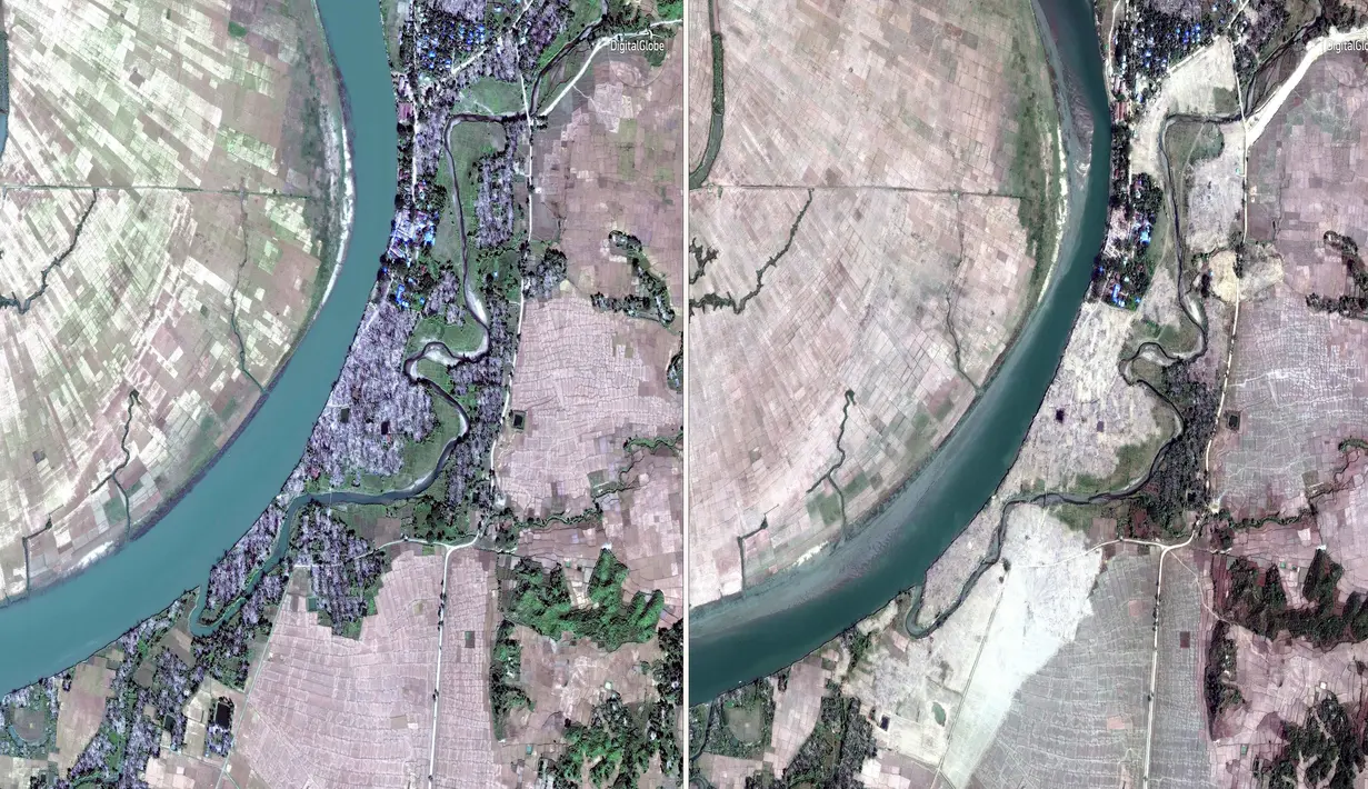 Citra satelit DigitalGlobe pada 2 Desember 2017 (kiri) dan 5 Februari 2018 (kanan) di Desa Myar Zin, sekitar 30 kilometer (19 mil) utara Maungdaw, Rakhine, Myanmar.  Sebagian besar desa Rohingya telah diratakan oleh pihak berwenang. (DigitalGlobe via AP)