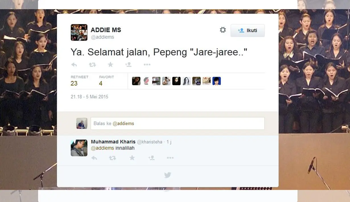 Musisi Addie MS mengucapkan duka citanya lewat akun @addiems, “Ya. Selamat jalan, Pepeng "Jare-jaree..”. (twitter.com/addiems) 