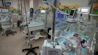 Dokter Palestina merawat bayi yang lahir prematur di Rumah Sakit Al Aqsa, Deir el-Balah, Jalur Gaza, Minggu (22/10/2023). (AP Photo/Adel Hana)